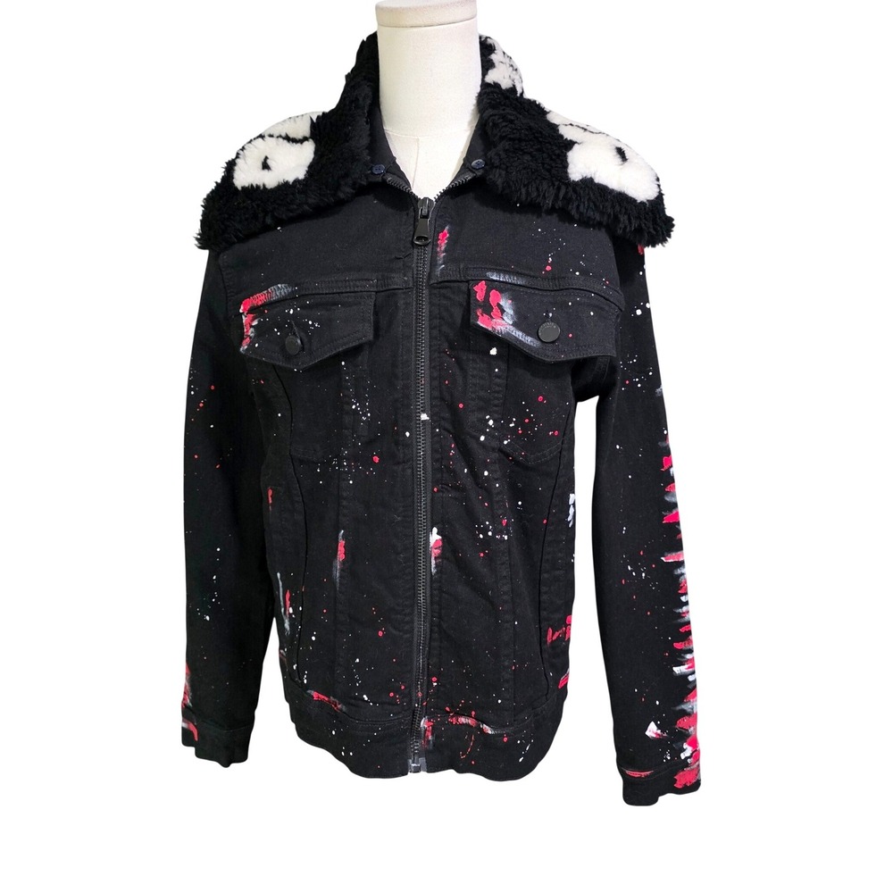 Rockstar Original Denim Jacket Mens Small Black Excellent Paint Splatter Fur